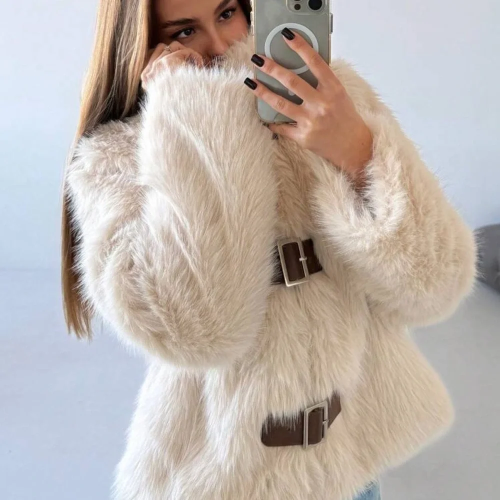 Aloruh Women Stand Collar Fitted Long Sleeve Fluffy Button Apricot Jacket, - Picture 3 of 4